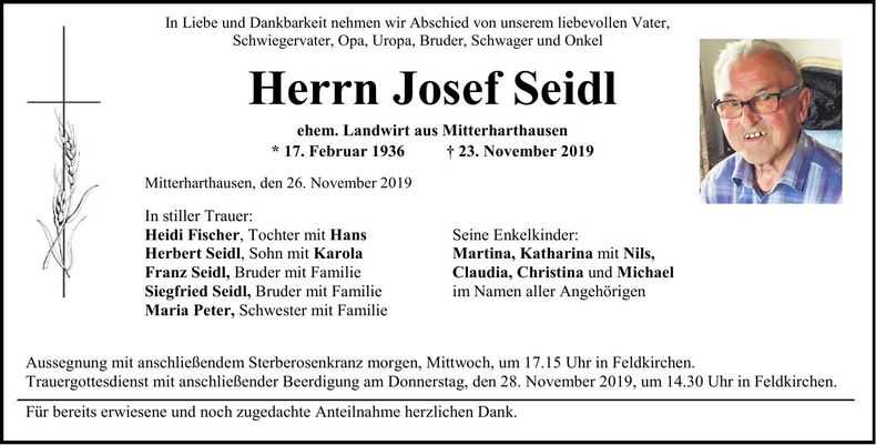 Traueranzeige Josef Seidl