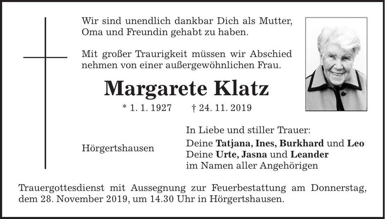 Traueranzeige Margarethe Klatz