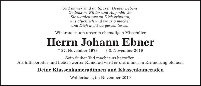 Traueranzeige Johann Ebner