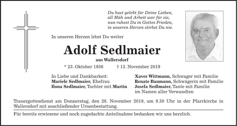 Traueranzeige Adolf Sedlmaier