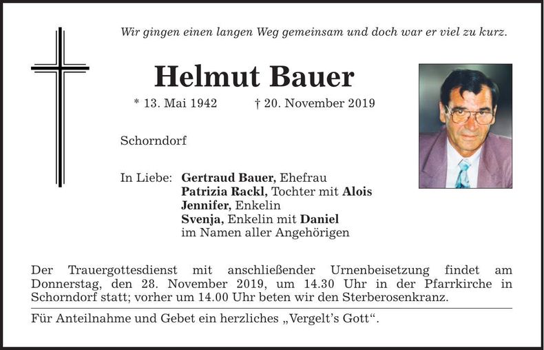 Traueranzeige Helmut Bauer