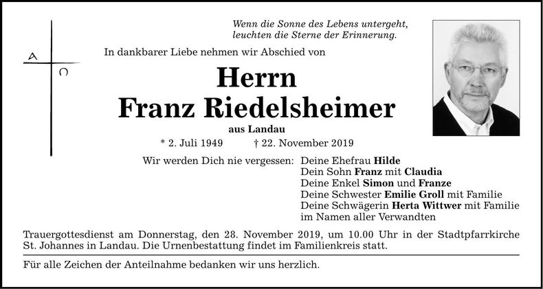 Traueranzeige Franz Riedelsheimer