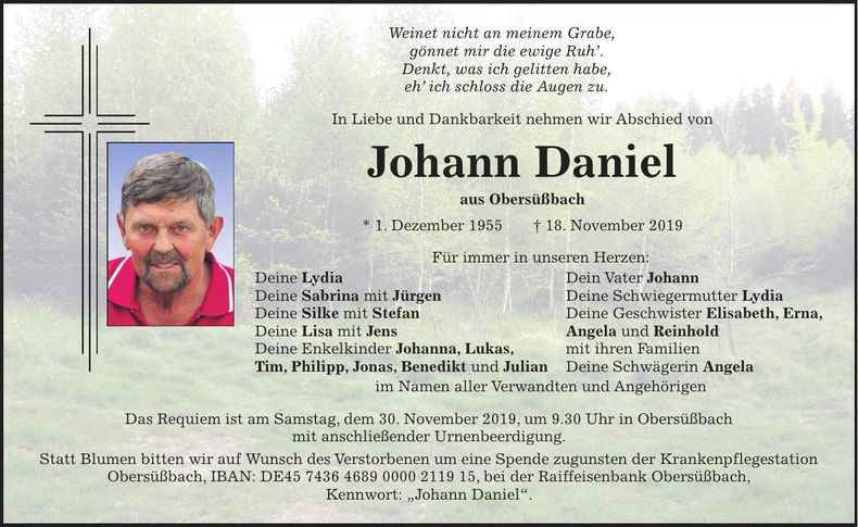 Traueranzeige Johann Daniel