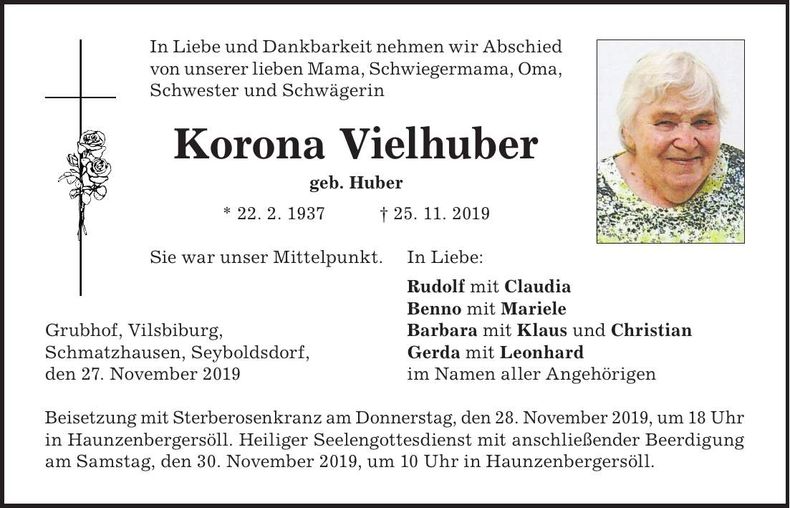 Traueranzeige Korona Vielhuber