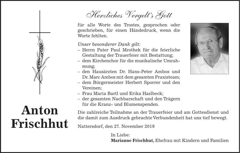 Traueranzeige Anton Frischhut