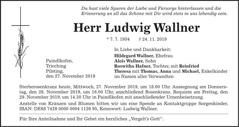 Traueranzeige Ludwig Wallner