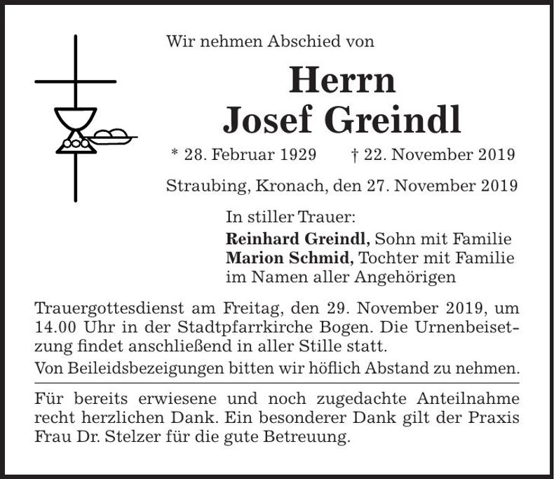 Traueranzeige Josef Greindl