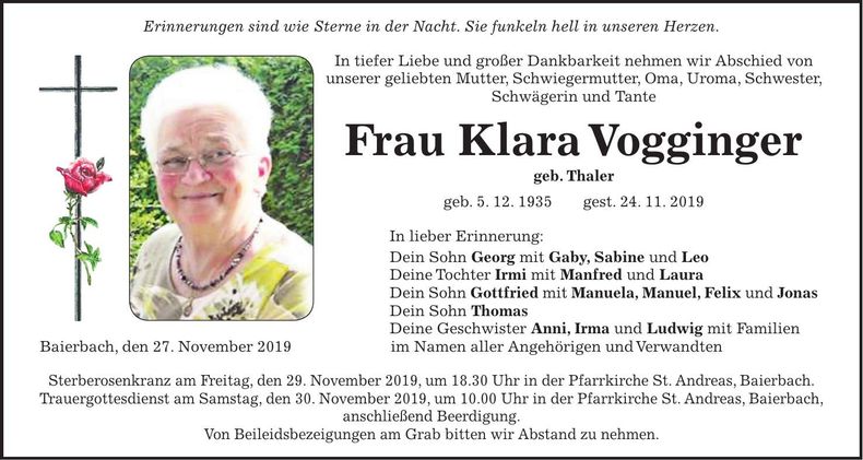 Traueranzeige Klara Vogginger