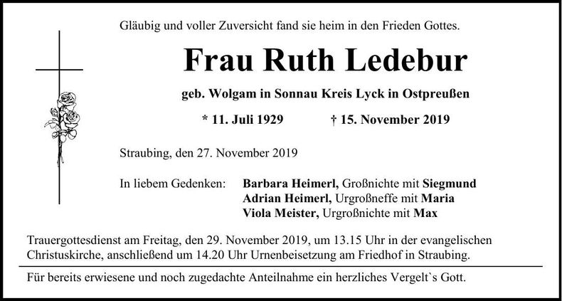 Traueranzeige Ruth Ledebur