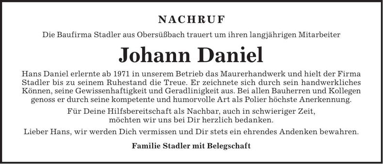Traueranzeige Johann Daniel