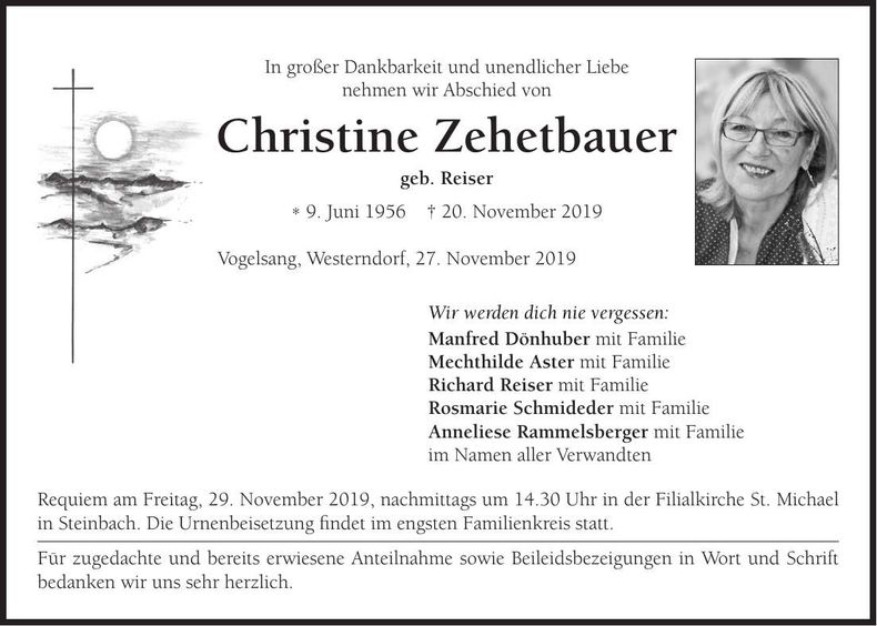 Traueranzeige Christine Zehetbauer