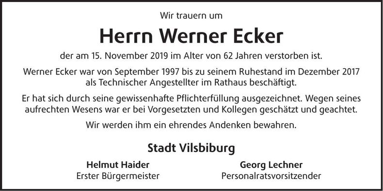 Traueranzeige Werner Ecker