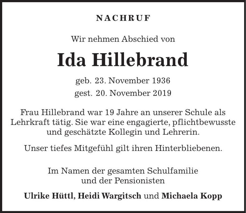 Traueranzeige Ida Hillebrand