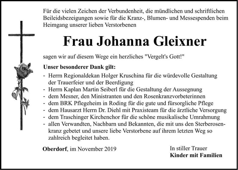 Traueranzeige Johanna Gleixner
