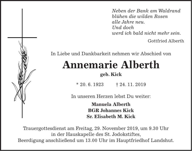 Traueranzeige Annemarie Alberth