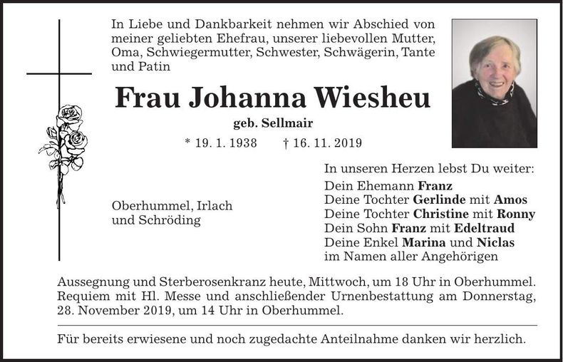 Traueranzeige Johanna Wiesheu