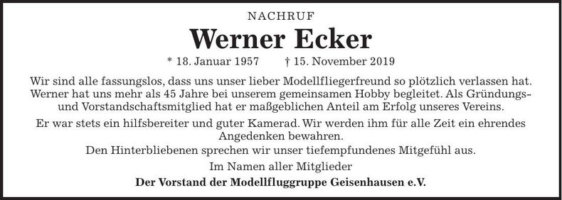 Traueranzeige Werner Ecker