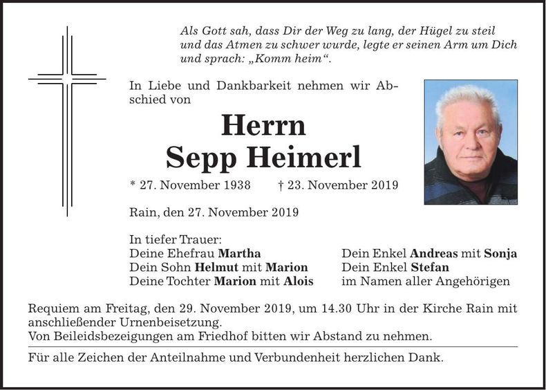 Traueranzeige Sepp Heimerl