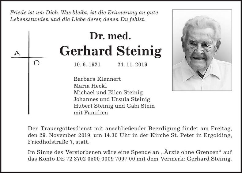 Traueranzeige Gerhard Dr. Steinig