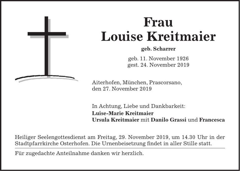Traueranzeige Louise Kreitmaier