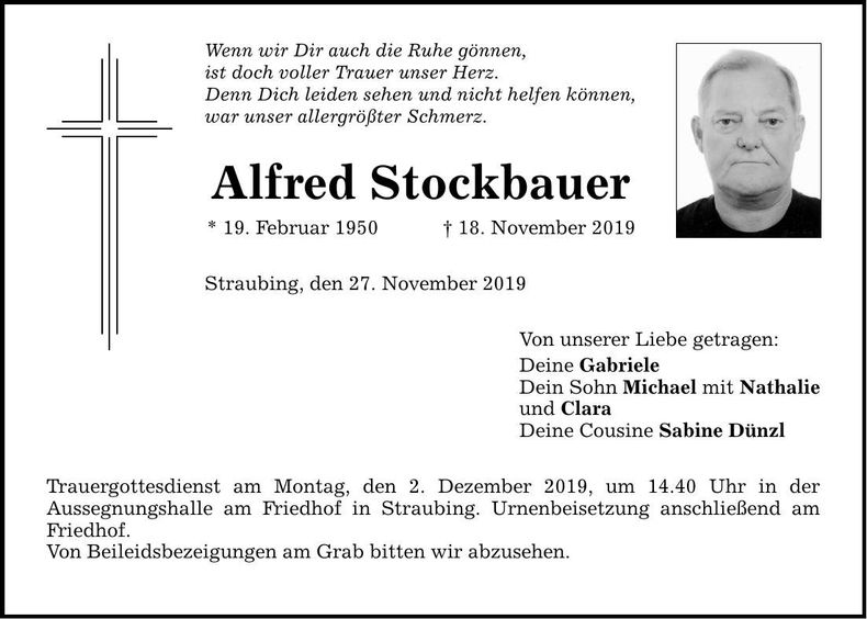Traueranzeige Alfred Stockbauer