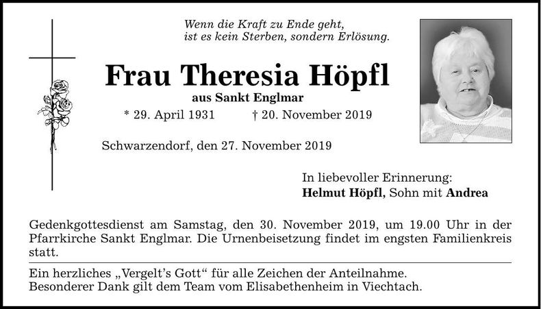 Traueranzeige Höpfl Theresia