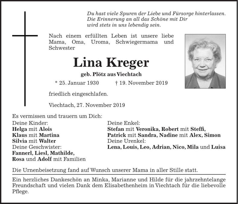 Traueranzeige Lina Kreger