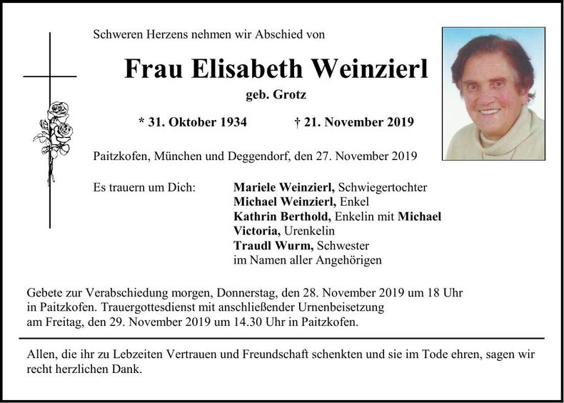 Traueranzeige Elisabeth Weinzierl