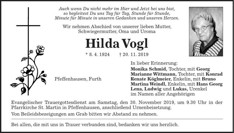Traueranzeige Hilda Vogl