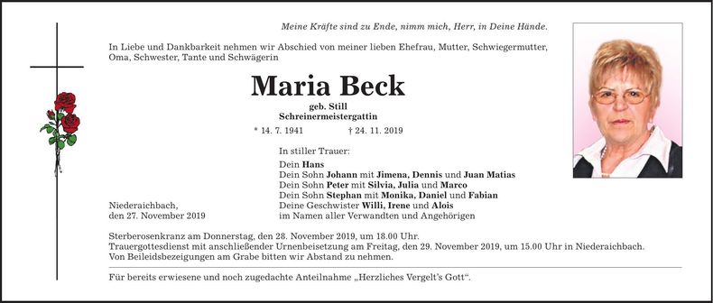 Traueranzeige Maria Beck