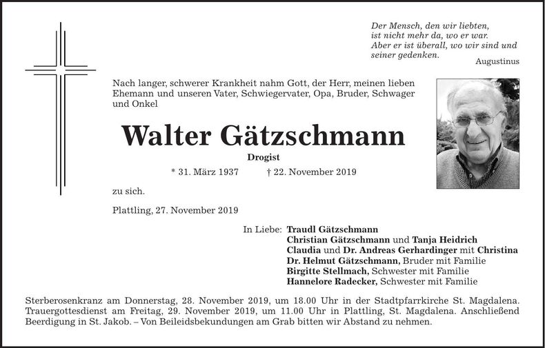 Traueranzeige Walter Gätzschmann