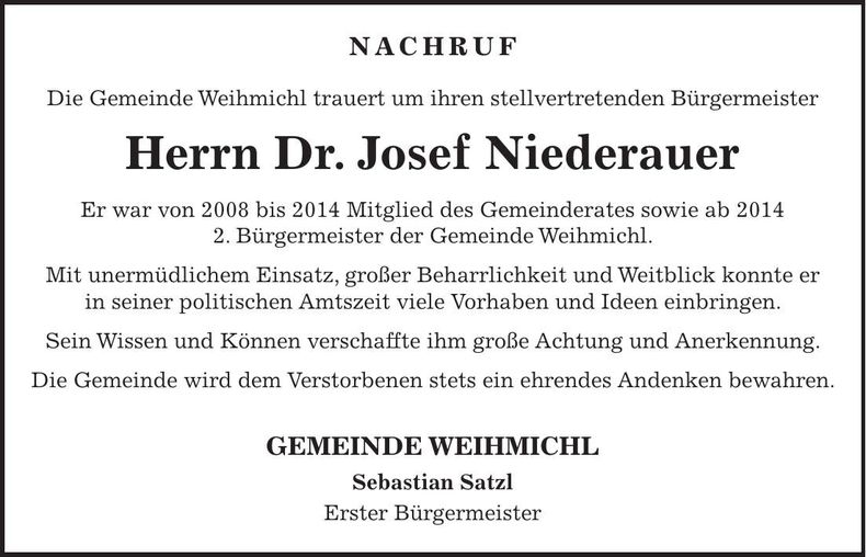 Traueranzeige Josef Niederauer