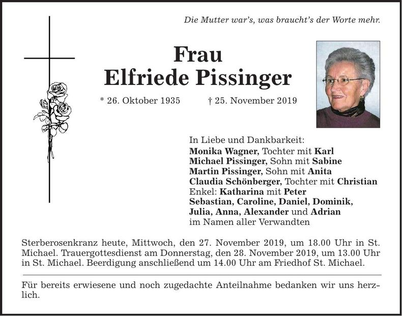 Traueranzeige Elfriede Pissinger