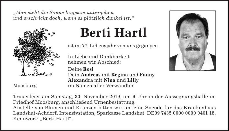 Traueranzeige Berti Hartl