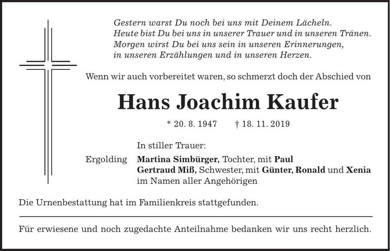 Traueranzeige Hans Joachim Kaufer