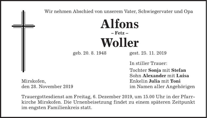 Traueranzeige Alfons Woller
