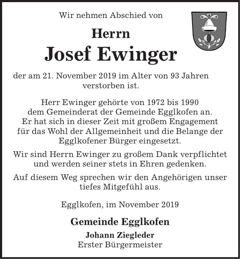 Traueranzeige Josef Ewinger
