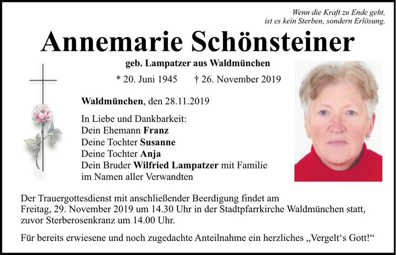 Traueranzeige Annemarie Schönsteiner