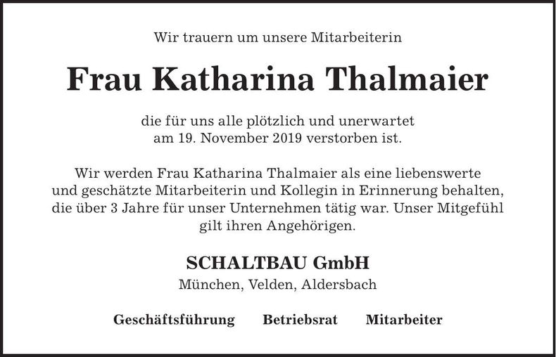 Traueranzeige Katharina Thalmaier