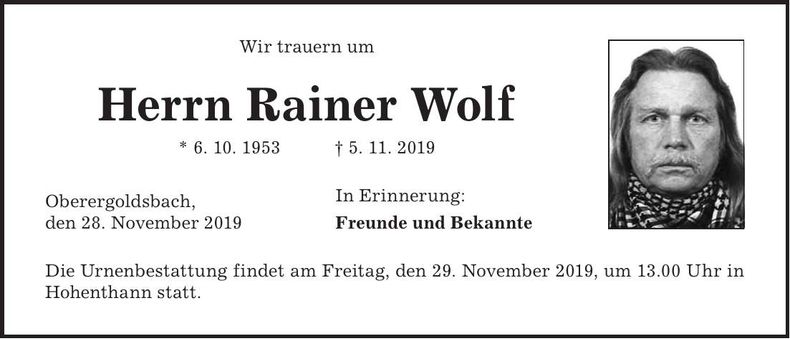 Traueranzeige Rainer Wolf