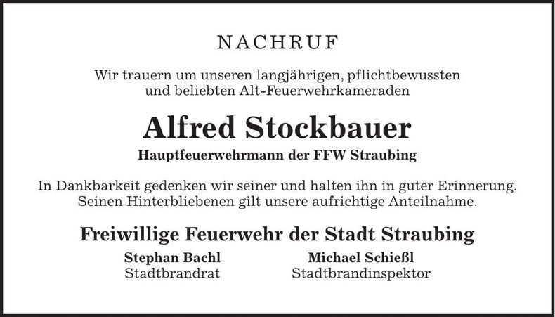 Traueranzeige Stockbauer Alfred