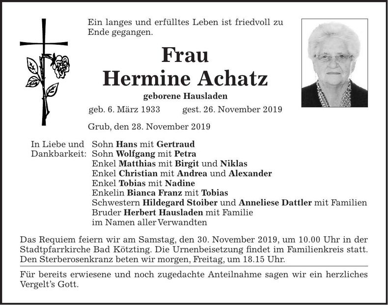 Traueranzeige Hermine Achatz