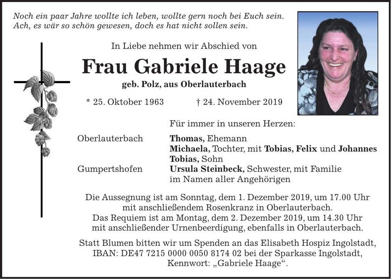 Traueranzeige Gabriele Haage