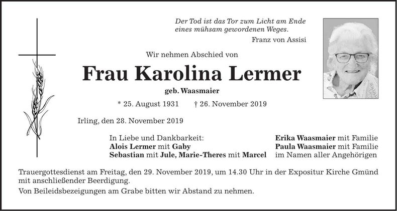 Traueranzeige Karolina Lermer