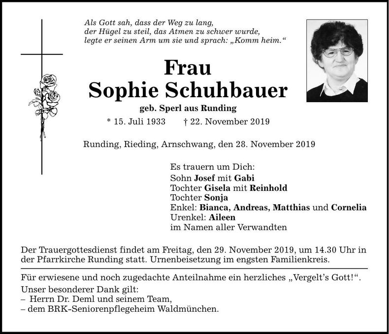 Traueranzeige Sophie Schuhbauer