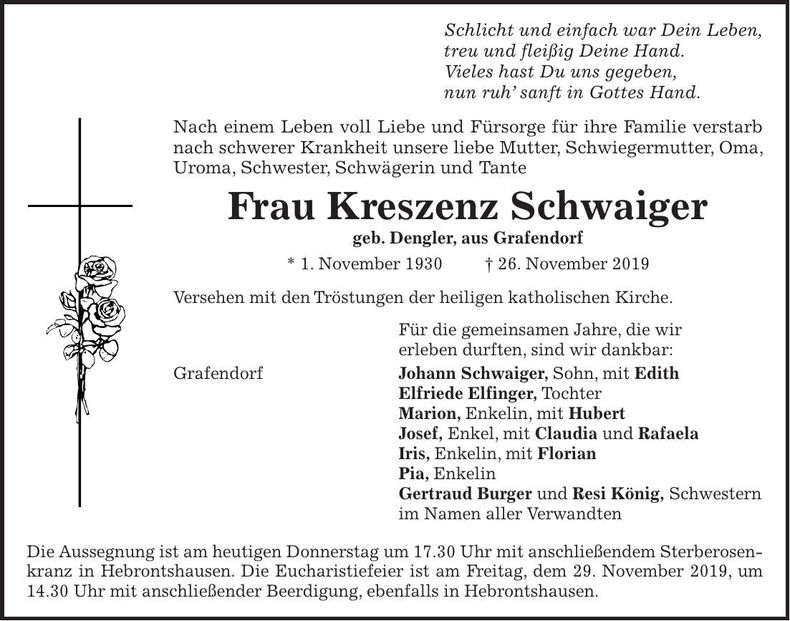 Traueranzeige Kreszenz Schwaiger