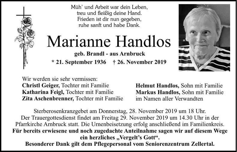 Traueranzeige Marianne Handlos