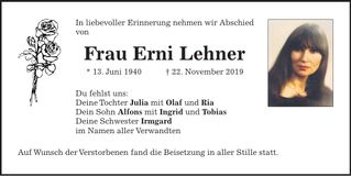 Traueranzeige Erni Lehner