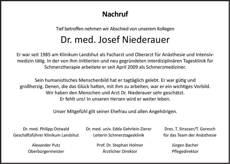 Traueranzeige Josef Niederauer