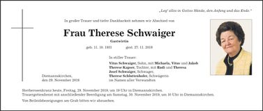 Traueranzeige Therese Schwaiger